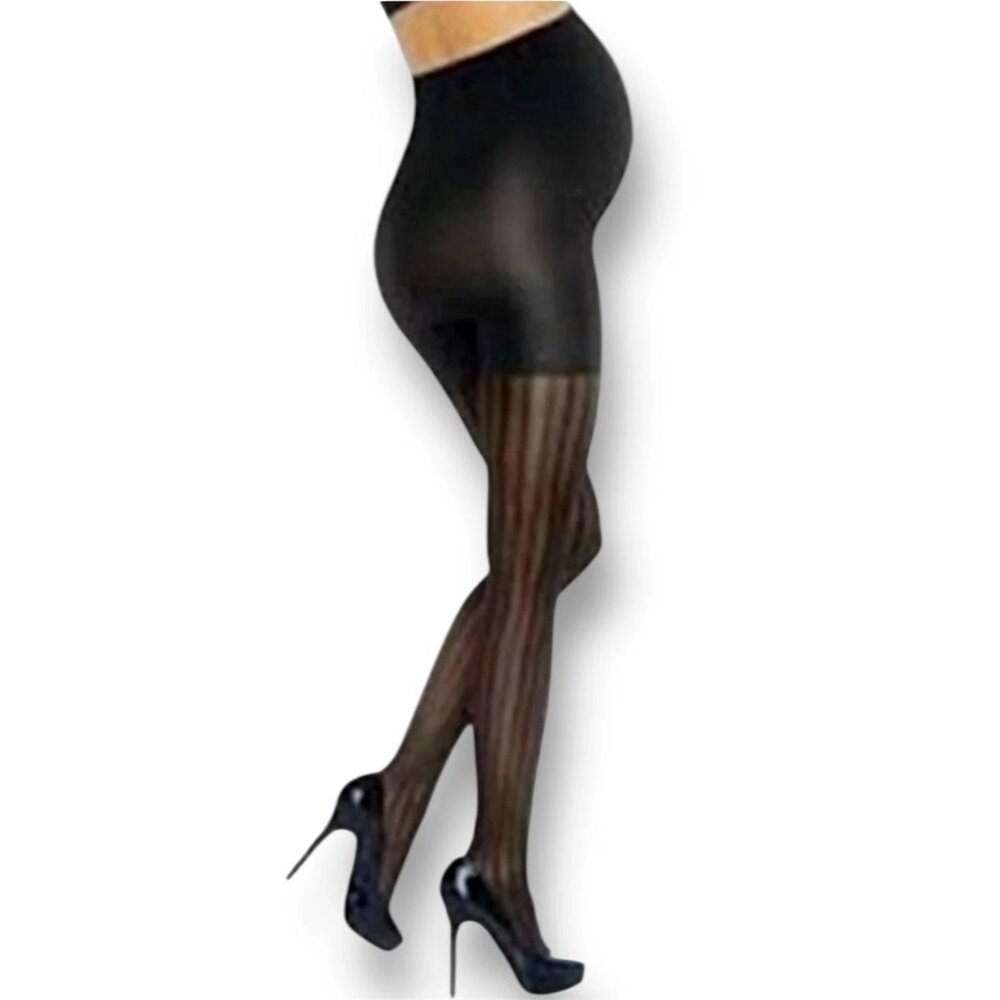 Spanx Assets 1 Black Opaque Striped Maternity Tights Marvelous Mama Support NEW